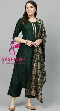 Hunter Green Gotta Chanderi Kurta Set with Festive Traditional Stole - Bottle Green
